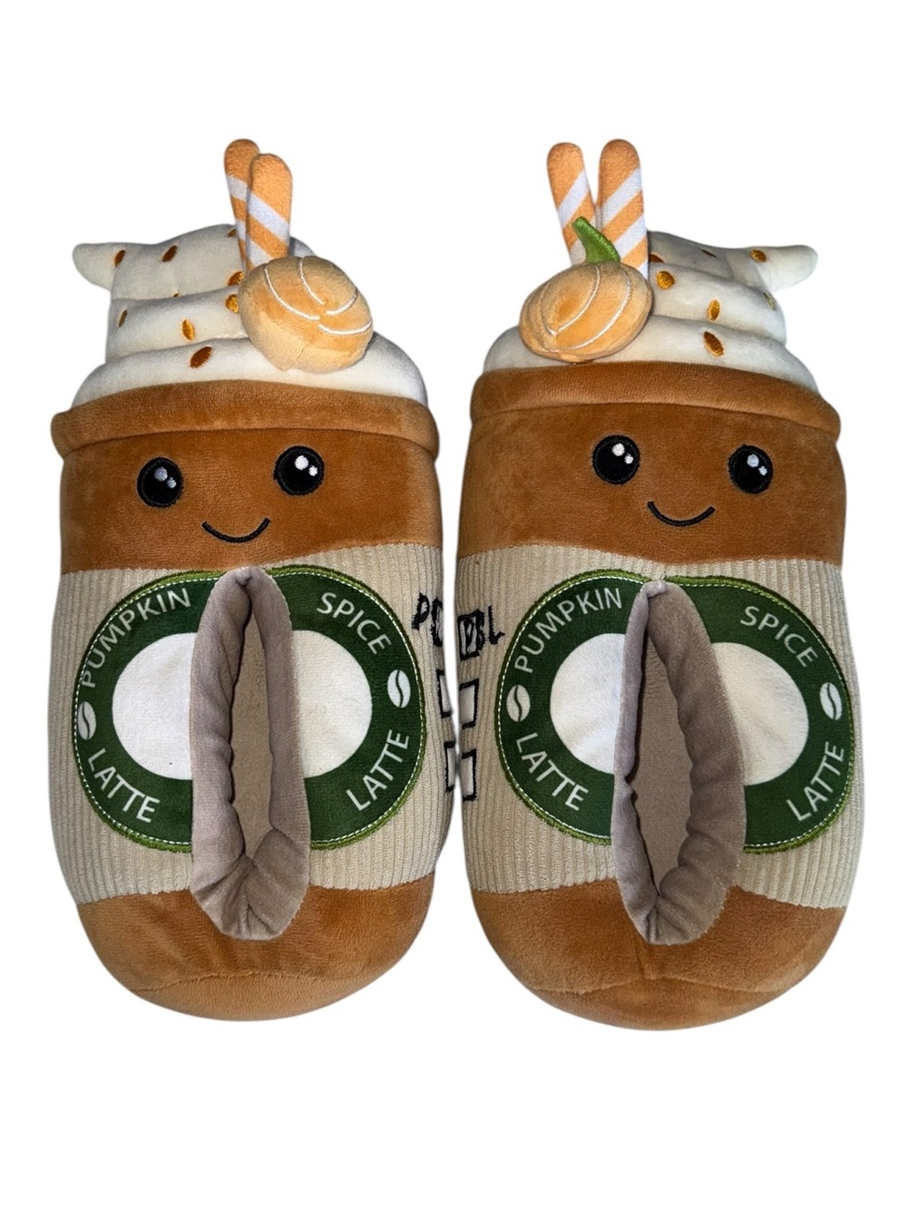 Pumpkin Spice Latte Plush Slippers Medium NWT Novelty Coffee Cup House Shoes